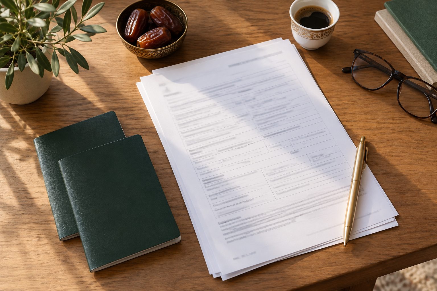 Passports and forms on a wooden desk