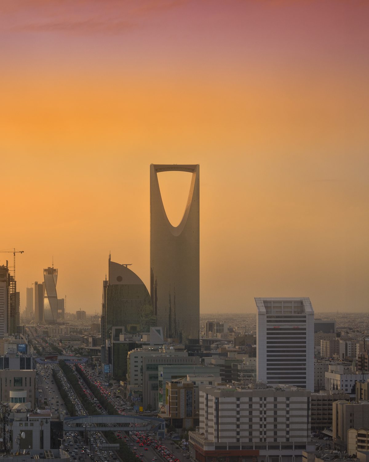 Riyadh skyline at sunset with Kingdom Tower